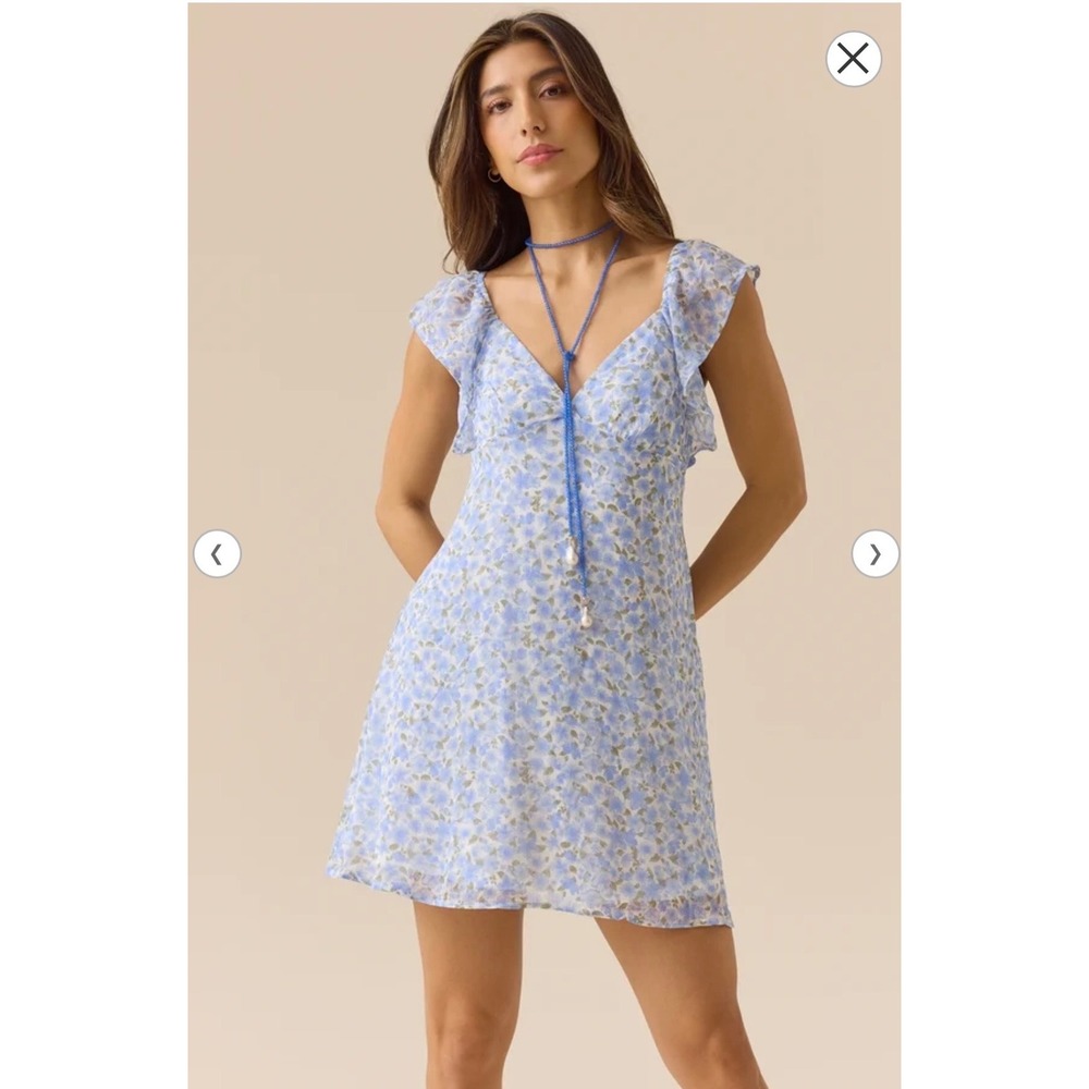 Altar'd State Blue Floral Ruffle Sleeve Tie Back Mini Dress Size Small V-Neck